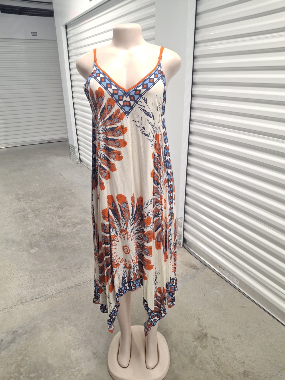 Bohemian Floral Print Slip Dress in Cream with Orange and Blue